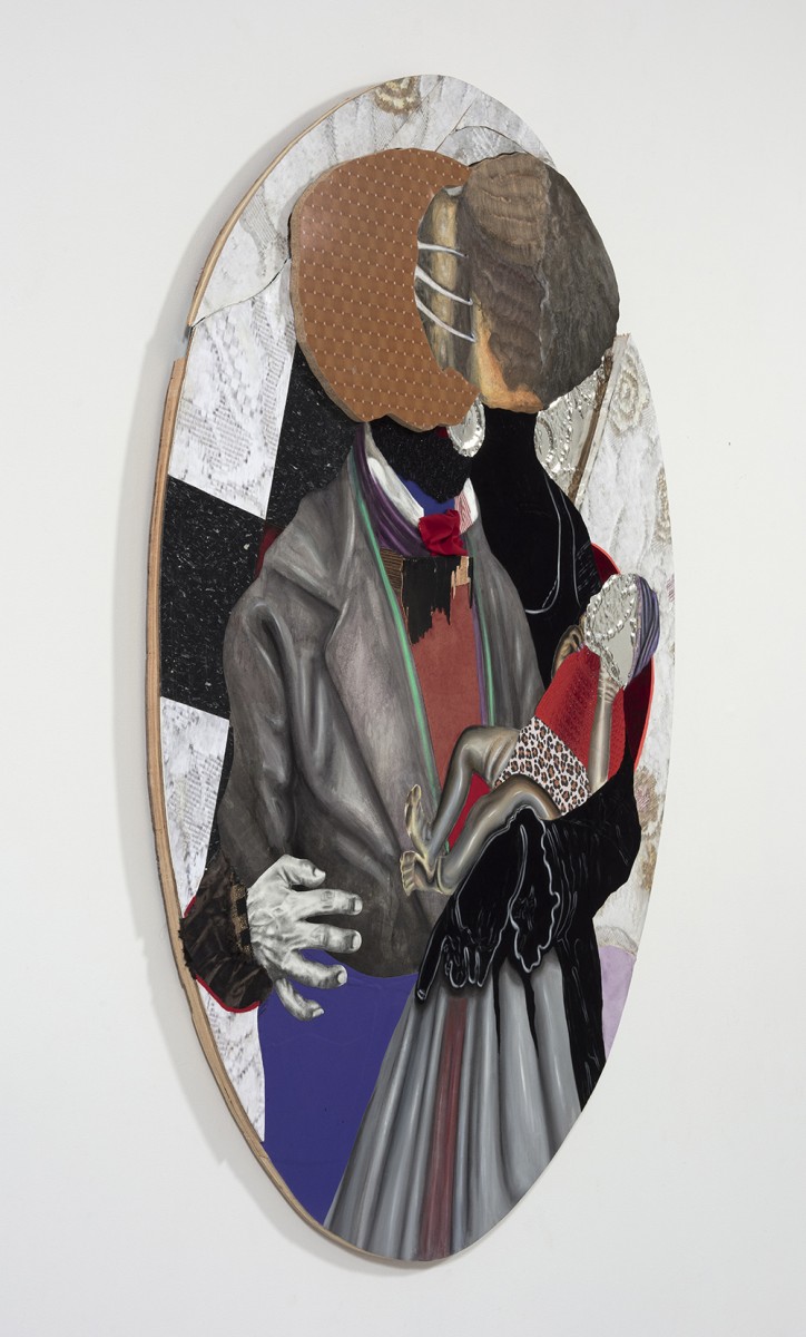 David Shrobe. <em>At A Crossroads</em>, 2020. Oil, acrylic and graphite on paper, steel, wood, flocking, wool tweed, faux suede, vinyl, fabric, linen and bookbinding cloth mounted on carved wood, 77 x 55 x 2 inches (195.6 x 139.7 x 5.1 cm) Detail