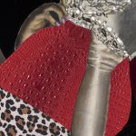 David Shrobe. <em>At A Crossroads</em>, 2020. Oil, acrylic and graphite on paper, steel, wood, flocking, wool tweed, faux suede, vinyl, fabric, linen and bookbinding cloth mounted on carved wood, 77 x 55 x 2 inches (195.6 x 139.7 x 5.1 cm) Detail