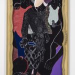 David Shrobe. <em>My Corner</em>, 2020. Oil on paper and canvas, acrylic on flocking, linen, suede and leather mounted on wood panel and set in found wood frame, 63 x 38 x 2 inches (160 x 96.5 x 5.1 cm)