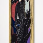 David Shrobe. <em>My Corner</em>, 2020. Oil on paper and canvas, acrylic on flocking, linen, suede and leather mounted on wood panel and set in found wood frame, 63 x 38 x 2 inches (160 x 96.5 x 5.1 cm) Detail