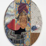 David Shrobe. <em>Walk the Air</em>, 2020. Oil, acrylic, ink, steel, tin, gold leaf, wood, canvas, bookbinding cloth, sandpaper, faux leather and plastic merchandise bag mounted on wood, 63 1/2 x 48 1/2 x 1 3/4 inches (161.3 x 123.2 x 4.4 cm)