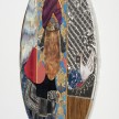 David Shrobe. <em>Walk the Air</em>, 2020. Oil, acrylic, ink, steel, tin, gold leaf, wood, canvas, bookbinding cloth, sandpaper, faux leather and plastic merchandise bag mounted on wood, 63 1/2 x 48 1/2 x 1 3/4 inches (161.3 x 123.2 x 4.4 cm) Detail thumbnail