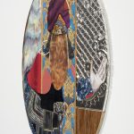 David Shrobe. <em>Walk the Air</em>, 2020. Oil, acrylic, ink, steel, tin, gold leaf, wood, canvas, bookbinding cloth, sandpaper, faux leather and plastic merchandise bag mounted on wood, 63 1/2 x 48 1/2 x 1 3/4 inches (161.3 x 123.2 x 4.4 cm) Detail