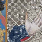 David Shrobe. <em>Walk the Air</em>, 2020. Oil, acrylic, ink, steel, tin, gold leaf, wood, canvas, bookbinding cloth, sandpaper, faux leather and plastic merchandise bag mounted on wood, 63 1/2 x 48 1/2 x 1 3/4 inches (161.3 x 123.2 x 4.4 cm) Detail