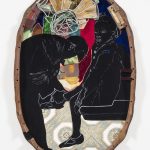 David Shrobe. <em>Sanctuary</em>, 2020. Oil on vinyl tiles, acrylic on flocking, leaded stained glass, wood, leather, velvet and bookbinding cloth mounted on wood table top, 60 x 43 x 4 1/2 inches (152.4 x 109.2 x 11.4 cm)