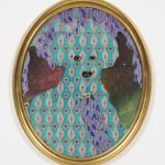 David Shrobe. <em>Shaded by Trees</em>, 2020. Acrylic, ink and African print fabric on canvas in gold leaf wood frame behind glass, 34 x 27 x 2 inches (86.4 x 68.6 x 5.1 cm)