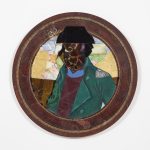 David Shrobe. <em>Smoove Sailing</em>, 2020. Oil, acrylic and ink on canvas, stained glass, tin, canvas, leather, silk and bookbinding cloth mounted on wood table top, 36 x 36 x 2 inches (91.4 x 91.4 x 5.1 cm)