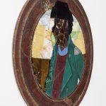 David Shrobe. <em>Smoove Sailing</em>, 2020. Oil, acrylic and ink on canvas, stained glass, tin, canvas, leather, silk and bookbinding cloth mounted on wood table top, 36 x 36 x 2 inches (91.4 x 91.4 x 5.1 cm) Detail