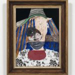 David Shrobe. <em>The Lucky One</em>, 2020. Oil, acrylic, charcoal and ink on paper, flocking, nylon and wallpaper mounted on paper in found painted wood frame behind glass, 20 1/2 x 16 1/2 x 3 inches (52.1 x 41.9 x 7.6 cm)