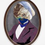 David Shrobe. <em>Transitions</em>, 2020. Oil, acrylic and ink on canvas and paper, red sandpaper, flocking, vinyl and photo print on canvas in found wood frame with gold leaf behind glass, 40 x 30 x 2 inches (101.6 x 76.2 x 5.1 cm)