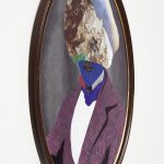 David Shrobe. <em>Transitions</em>, 2020. Oil, acrylic and ink on canvas and paper, red sandpaper, flocking, vinyl and photo print on canvas in found wood frame with gold leaf behind glass, 40 x 30 x 2 inches (101.6 x 76.2 x 5.1 cm) Detail