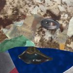 David Shrobe. <em>Transitions</em>, 2020. Oil, acrylic and ink on canvas and paper, red sandpaper, flocking, vinyl and photo print on canvas in found wood frame with gold leaf behind glass, 40 x 30 x 2 inches (101.6 x 76.2 x 5.1 cm) Detail