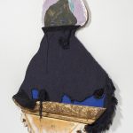 David Shrobe. <em>Cloaked</em>, 2020. Oil and acrylic on canvas and paper, wood, wool tweed, canvas fabric and gold leaf frame molding mounted on carved wood, 50 x 44 x 3 1/2 inches (127 x 111.8 x 8.9 cm) Detail