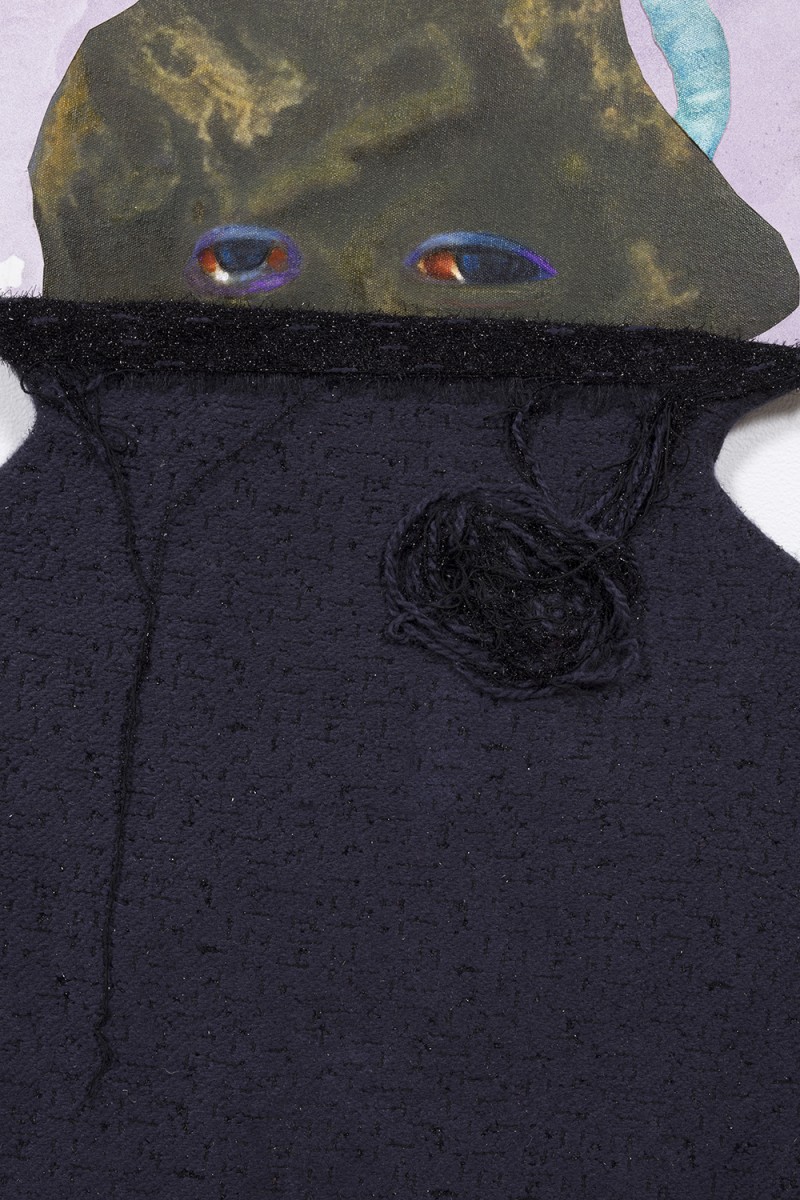David Shrobe. <em>Cloaked</em>, 2020. Oil and acrylic on canvas and paper, wood, wool tweed, canvas fabric and gold leaf frame molding mounted on carved wood, 50 x 44 x 3 1/2 inches (127 x 111.8 x 8.9 cm) Detail