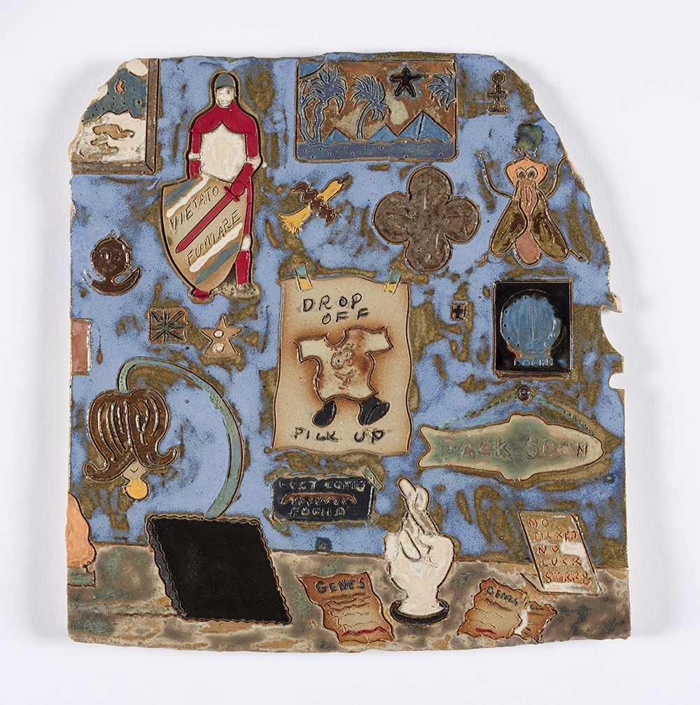 Kevin McNamee-Tweed. <em>Drop Off, Pick Up, Vietato Fumare</em>, 2020. Glazed ceramic, 10 x 9 1/4 inches (25.4 x 23.5 cm)