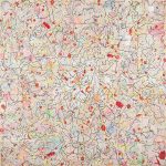 Camilo Restrepo. <em>Pescando Con Dinamita 1</em>, 2020. Ink, water-soluble wax pastel, acrylic, tape and saliva on paper, 57 1/4 x 57 1/4 inches (145.4 x 145.4 cm)