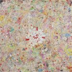 Camilo Restrepo. <em>Pescando Con Dinamita 3</em>, 2020. Ink, water-soluble wax pastel, acrylic, tape and saliva on paper, 57 1/4 x 57 1/4 inches (145.4 x 145.4 cm)