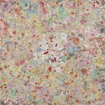 Camilo Restrepo. <em>Pescando Con Dinamita 2</em>, 2020. Ink, water-soluble wax pastel, acrylic, tape and saliva on paper, 57 1/4 x 57 1/4 inches (145.4 x 145.4 cm)