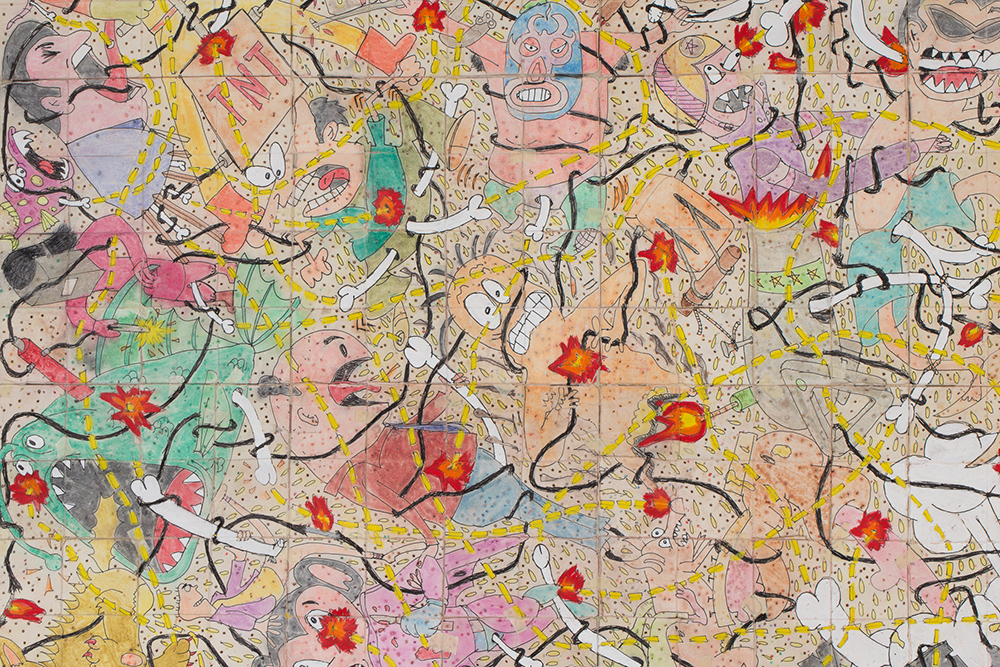 Camilo Restrepo. <em>Pescando Con Dinamita 2</em>, 2020. Ink, water-soluble wax pastel, acrylic, tape and saliva on paper, 57 1/4 x 57 1/4 inches (145.4 x 145.4 cm) Detail