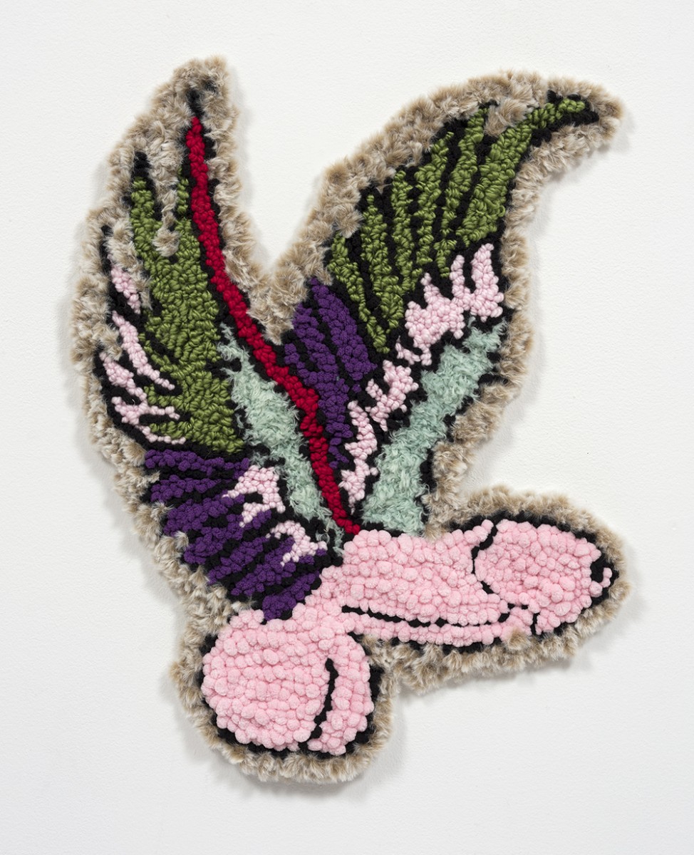Hannah Epstein. <em>Fascinus 1 (Flying Colours)</em>, 2020. Wool, acrylic, cotton and burlap, 24 x 19 inches (61 x 48.3 cm)