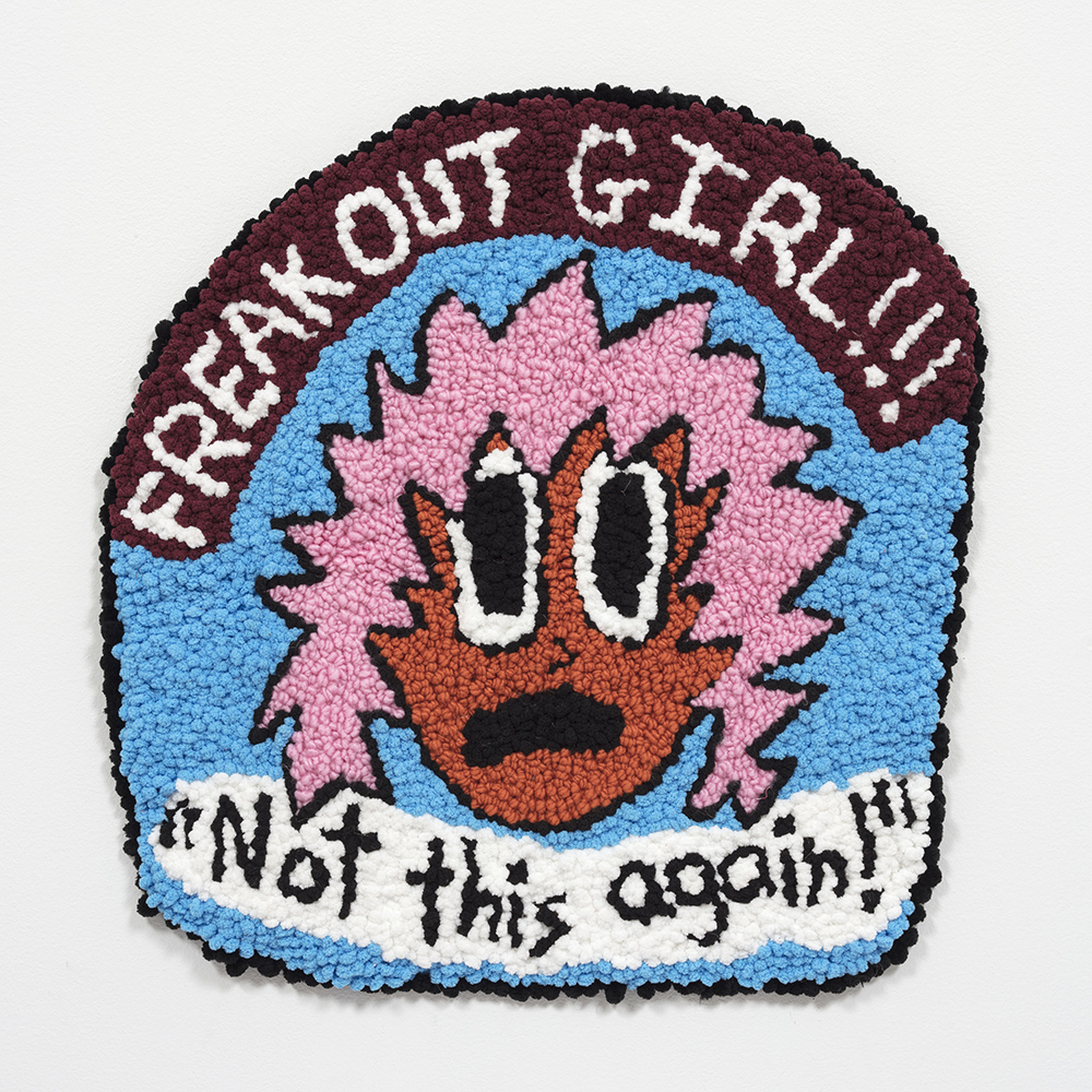 Hannah Epstein. <em>Not this Again</em>, 2020. Wool, acrylic, cotton and burlap, 21 x 20 inches (53.3 x 50.8 cm)