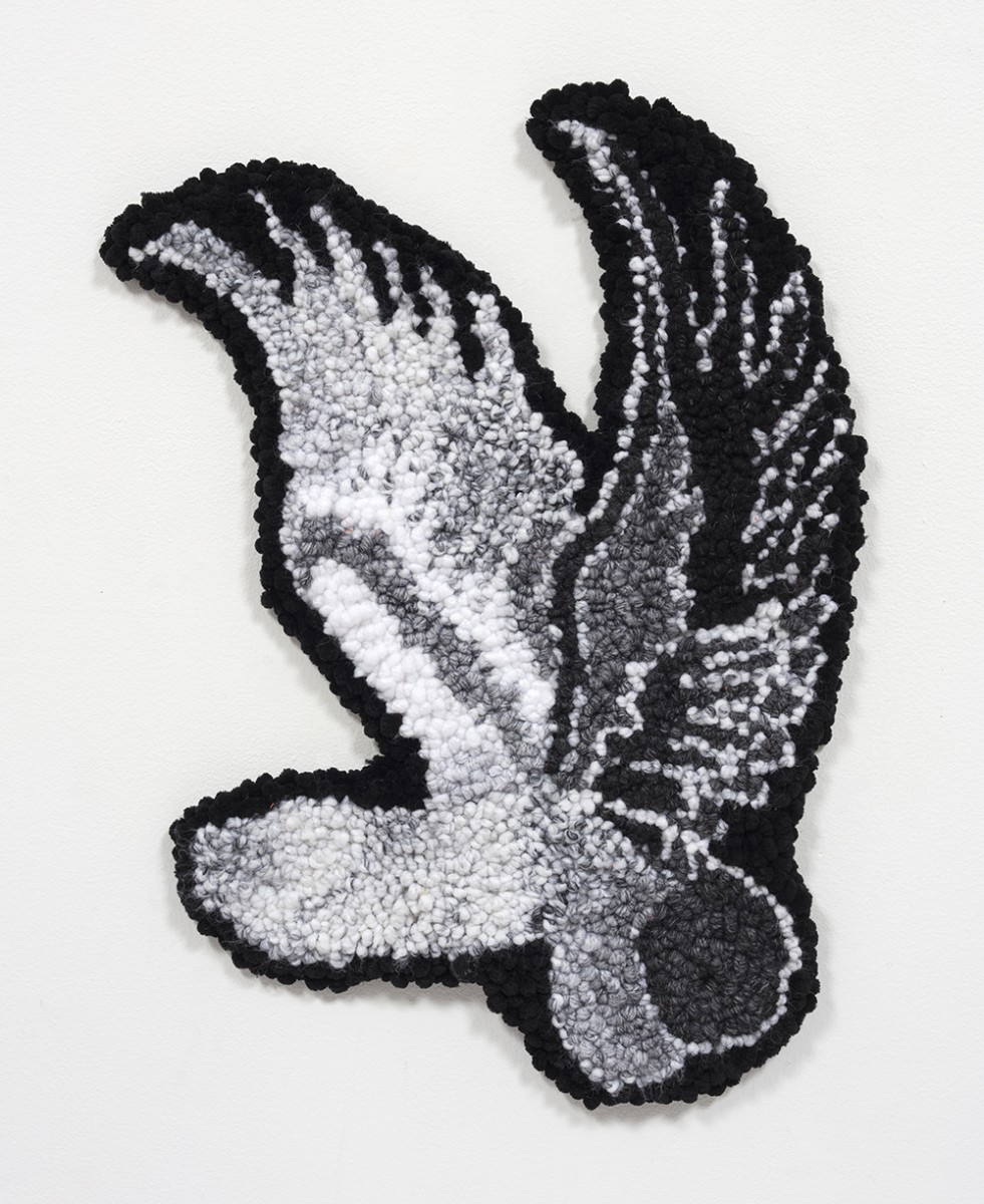 Hannah Epstein. <em>Flying Phallus</em>, 2020. Wool, acrylic, cotton and burlap, 24 x 17 inches (61 x 43.2 cm)