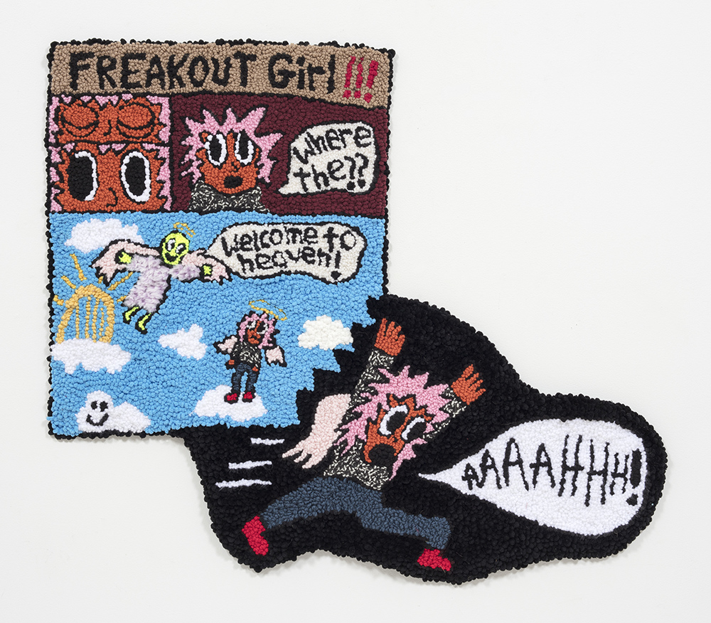 Hannah Epstein. <em>Freakout Girl Goes To Heaven</em>, 2020. Wool, acrylic, cotton and burlap, 37 1/2 x 44 inches (95.3 x 111.8 cm)