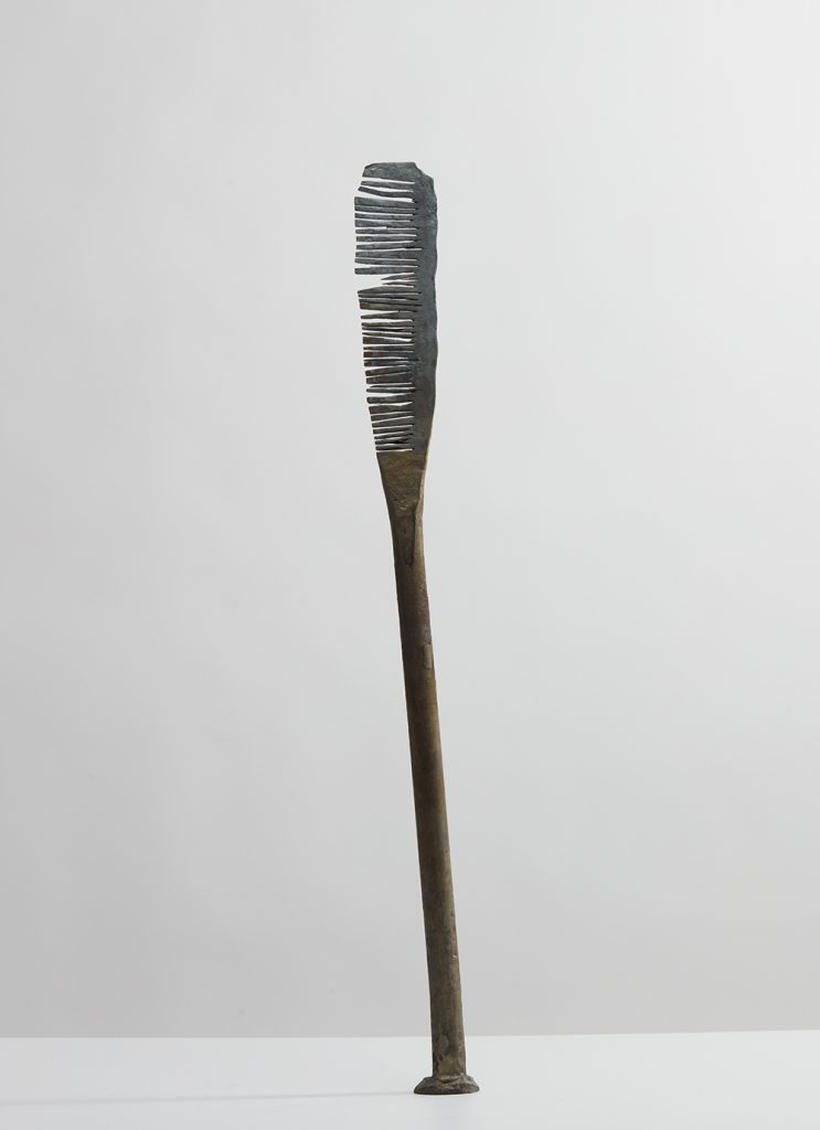Jarrett Key. Hot Comb No. 3 "Snaggle Tooth", 2020. Black forged steel with bronze burnishing, 29 1/2 x 2 1/2 x 2 inches (74.9 x 6.4 x 5.1 cm)