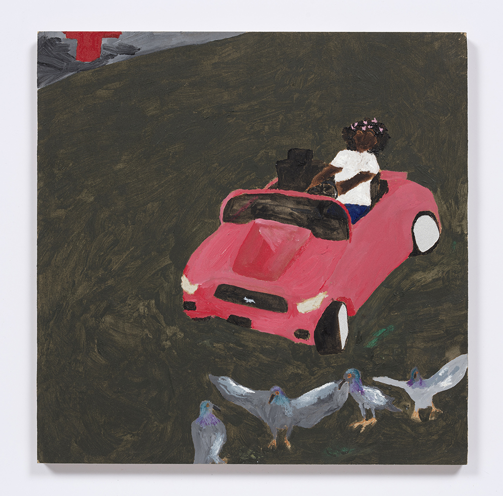 Marcus Leslie Singleton. <em><q>WATCH OUT PIGEONS</q></em>, 2020. Acrylic on wood panel, 12 x 12 inches (30.5 x 30.5 cm)