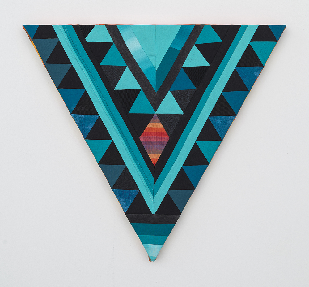 Paolo Arao. <em>Healer</em>, 2020. Sewn cotton, denim, corduroy, canvas and handwoven fibers on shaped wood support, 19 3/4 x 22 inches (50.2 x 55.9 cm)