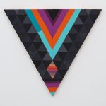 Paolo Arao. <em>Seer</em>, 2020. Sewn cotton, denim, corduroy, canvas and handwoven fibers on shaped wood support, 19 3/4 x 22 inches (50.2 x 55.9 cm)
