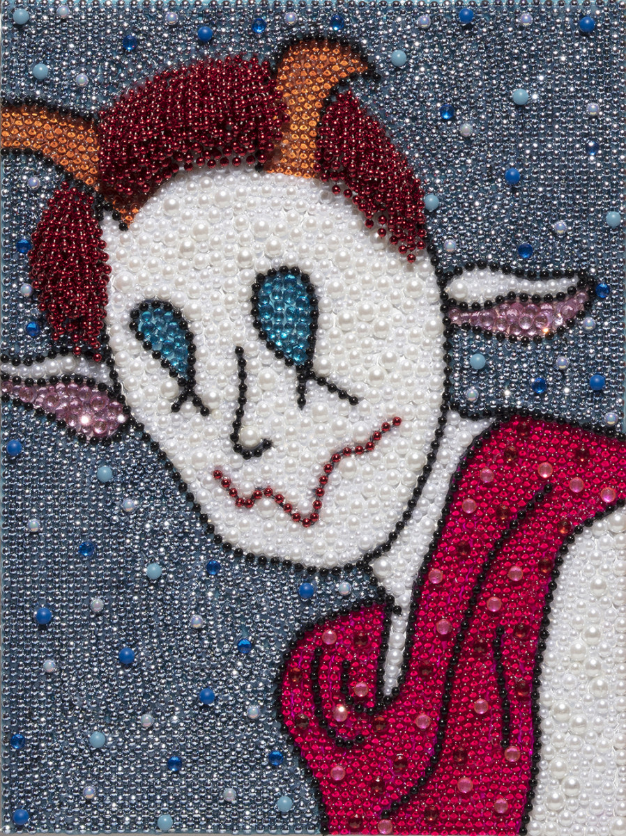 Benjamin Cabral. <em>Trying Not To Laugh (Trying Not To Cry)</em>, 2020. Rhinestones, faux pearls and beads on acrylic painted wood panel, 24 x 18 inches (61 x 45.7 cm)