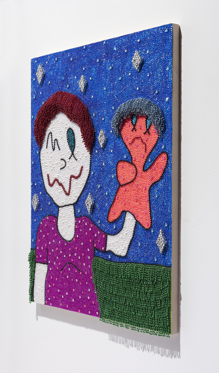 Benjamin Cabral. <em>Me And A Puppet (An Optimistic Friend)</em>, 2020. Rhinestones, faux pearls and beads on acrylic painted wood panel, 48 x 36 inches (121.9 x 91.4 cm) Detail