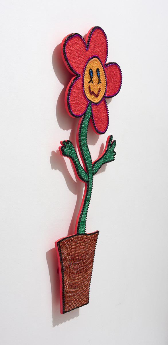 Benjamin Cabral. <em>Greeter (Alone)</em>, 2021. Rhinestones and beads on acrylic painted wood, 47 x 19 1/2 inches (119.4 x 49.5 cm) Detail