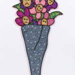 Benjamin Cabral. <em>A Ceremonial Gift</em>, 2021. Rhinestones, faux pearls and beads on acrylic painted wood, 29 x 15 inches (73.7 x 38.1 cm)