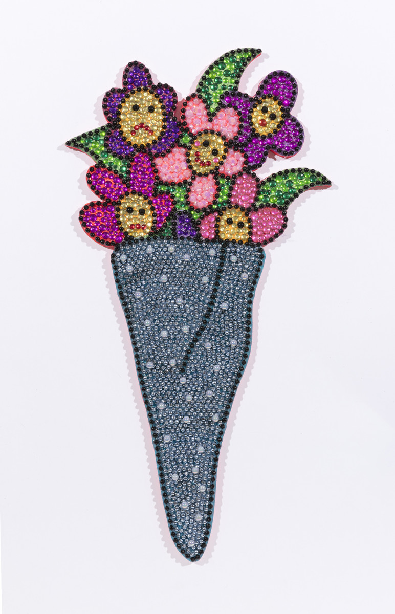 Benjamin Cabral. <em>A Ceremonial Gift</em>, 2021. Rhinestones, faux pearls and beads on acrylic painted wood, 29 x 15 inches (73.7 x 38.1 cm)