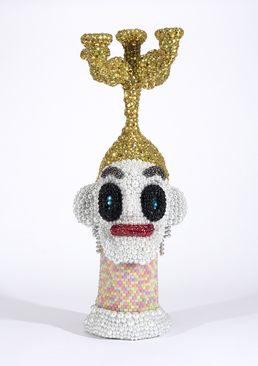 Benjamin Cabral. <em>Practical Friend</em>, 2020. Rhinestones, metal candelabrum, faux pearls and beads on epoxy coated foam, 25 x 9 x 10 inches (63.5 x 22.9 x 25.4 cm)