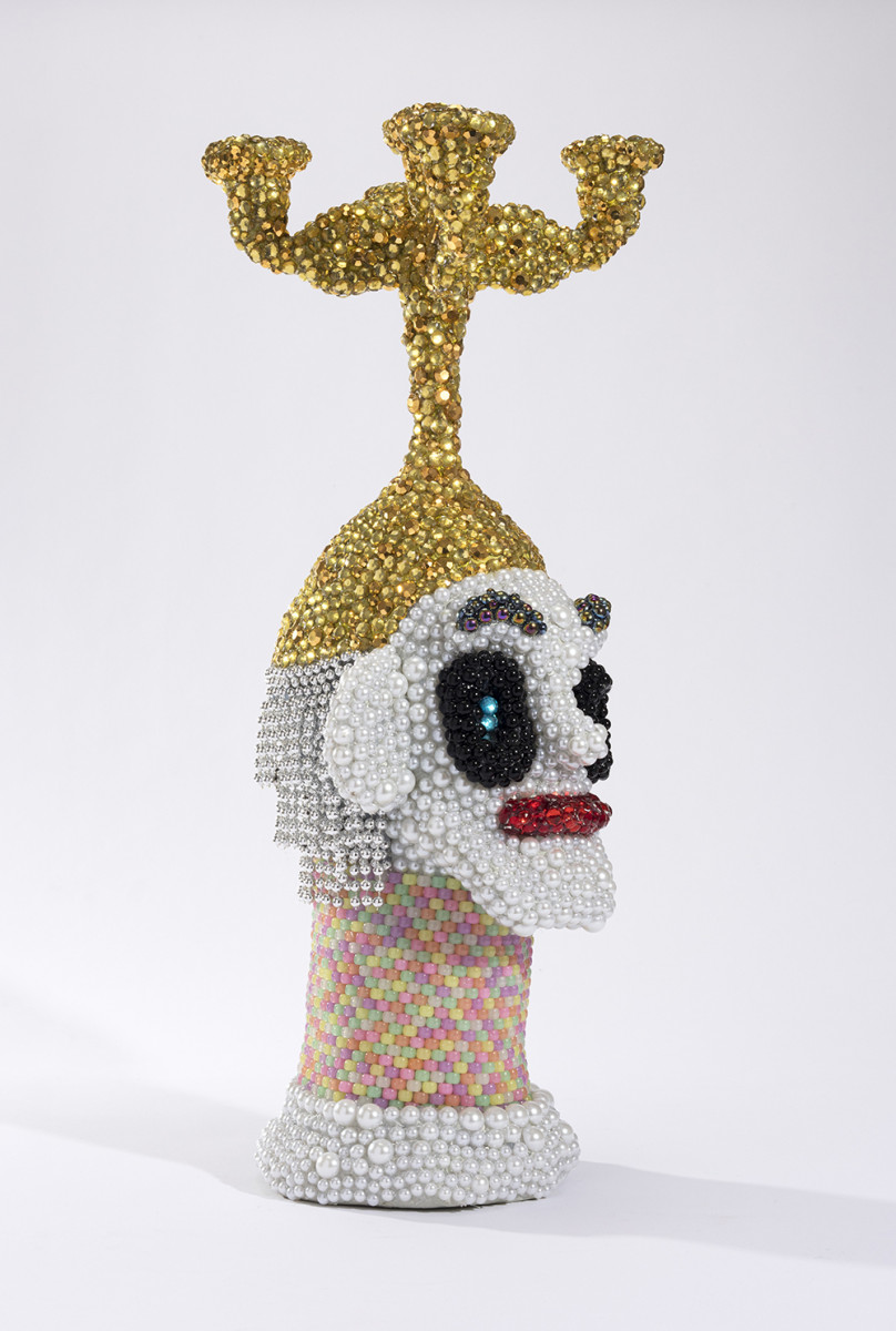 Benjamin Cabral. <em>Practical Friend</em>, 2020. Rhinestones, metal candelabrum, faux pearls and beads on epoxy coated foam, 25 x 9 x 10 inches (63.5 x 22.9 x 25.4 cm) Detail