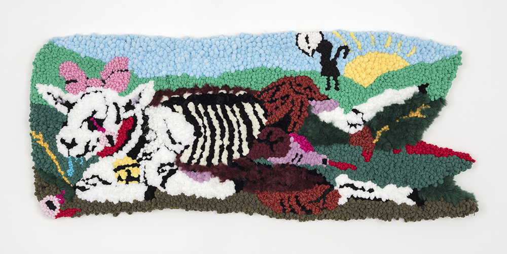 Hannah Epstein. <em>Lil Bo Peep’s Lost Sheep</em>, 2020. Wool, acrylic, polyester, cotton and burlap, 17 x 40 inches (43.2 x 101.6 cm)