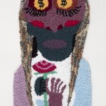 Hannah Epstein. <em>Death Rites (Eyes on the Prize)</em>, 2020. Wool, acrylic, cotton and burlap, 33 x 17 inches (83.8 x 43.2 cm)