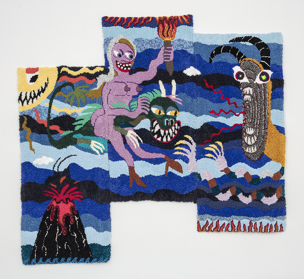 Hannah Epstein. <em>Unbridled</em>, 2020. Wool, acrylic, polyester, cotton and burlap, 108 x 113 inches (274.3 x 287 cm)