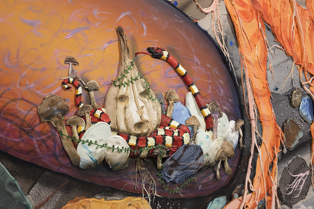 Kate Klingbeil. <em>Carrot and Stick</em>, 2020. Acrylic, pigment, watercolor, vinyl paint, pumice, sand, crushed garnet, cast brass, cast iron, micro plastics from Lake Michigan and oil stick on canvas, 144 x 80 x 2 1/2 inches (365.8 x 203.2 x 6.4 cm) Detail