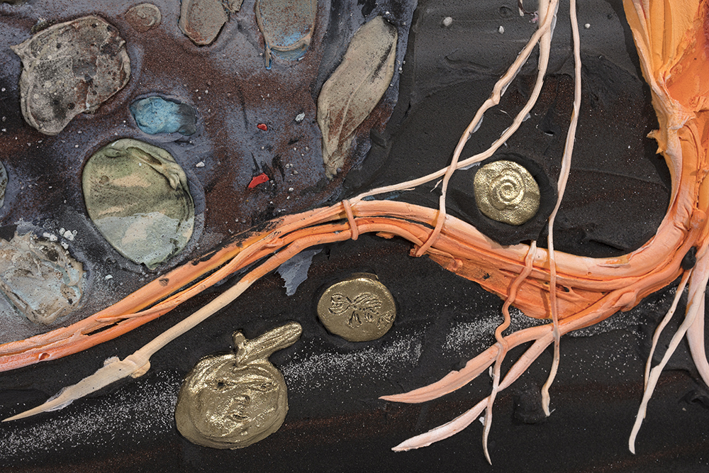 Kate Klingbeil. <em>Carrot and Stick</em>, 2020. Acrylic, pigment, watercolor, vinyl paint, pumice, sand, crushed garnet, cast brass, cast iron, micro plastics from Lake Michigan and oil stick on canvas, 144 x 80 x 2 1/2 inches (365.8 x 203.2 x 6.4 cm) Detail