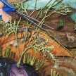 Kate Klingbeil. <em>Saturn Returned</em>, 2020. Acrylic, pigment, watercolor, vinyl paint, pumice, sand, crushed garnet, cast brass and oil stick on canvas, 40 1/4 x 50 1/4 x 2 1/2 inches (102.2 x 127.6 x 6.4 cm) Detail thumbnail