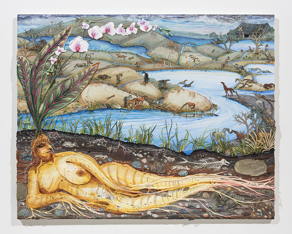 Kate Klingbeil. <em>The Grown Woman</em>, 2020. Acrylic, pigment, watercolor, vinyl paint, pumice, sand, crushed garnet and oil stick on canvas, 48 1/2 x 60 1/2 x 2 1/2 inches (123.2 x 153.7 x 6.4 cm)