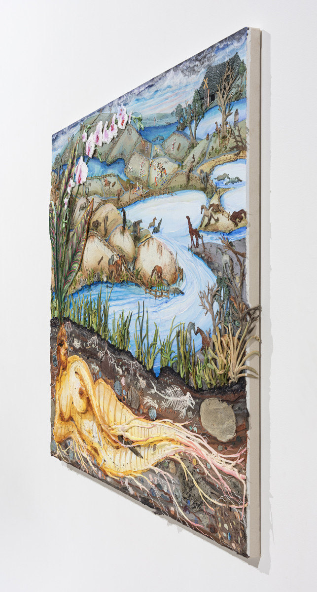 Kate Klingbeil. <em>The Grown Woman</em>, 2020. Acrylic, pigment, watercolor, vinyl paint, pumice, sand, crushed garnet and oil stick on canvas, 48 1/2 x 60 1/2 x 2 1/2 inches (123.2 x 153.7 x 6.4 cm) Detail