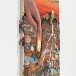 Kate Klingbeil. <em>The Seed and The Sprout</em>, 2020. Acrylic, pigment, watercolor, vinyl paint, pumice, sand, crushed garnet, cast brass, cast iron, micro plastics from Lake Michigan and oil stick on canvas, 34 x 27 1/4 x 1 3/4 inches (86.4 x 69.2 x 4.4 cm) Detail