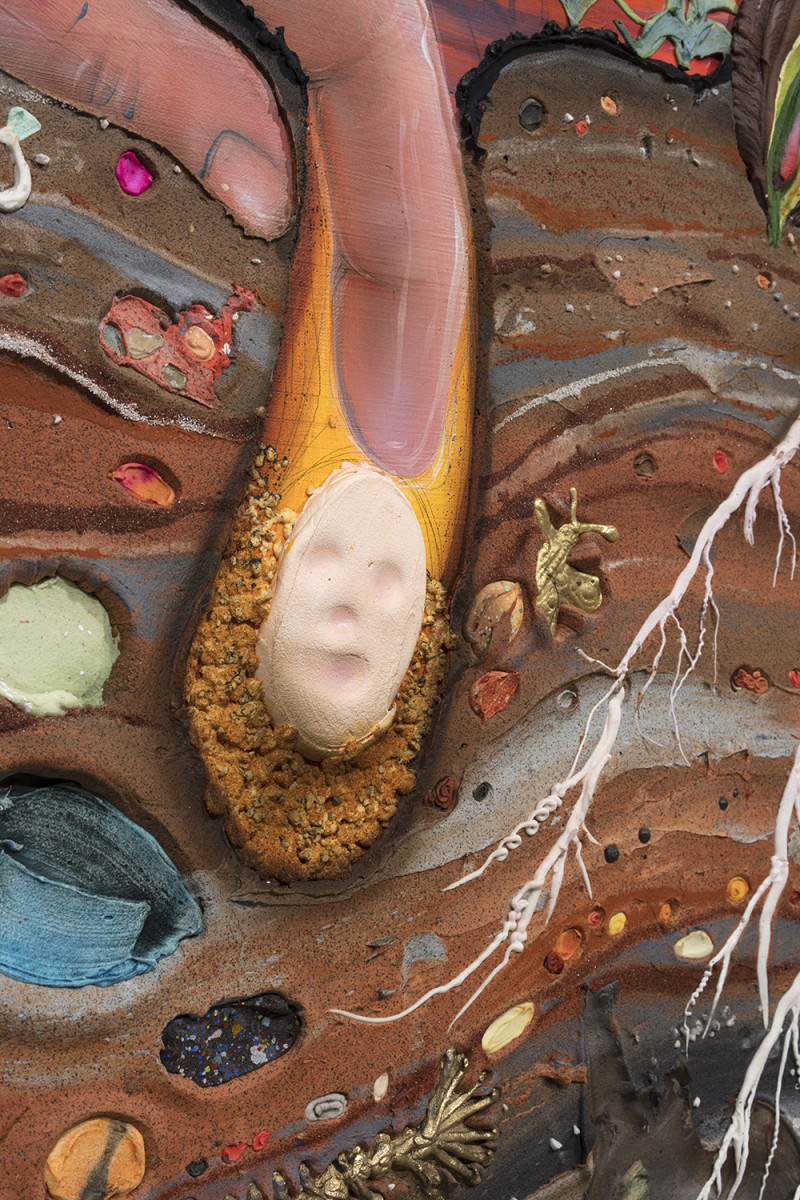 Kate Klingbeil. <em>The Seed and The Sprout</em>, 2020. Acrylic, pigment, watercolor, vinyl paint, pumice, sand, crushed garnet, cast brass, cast iron, micro plastics from Lake Michigan and oil stick on canvas, 34 x 27 1/4 x 1 3/4 inches (86.4 x 69.2 x 4.4 cm) Detail
