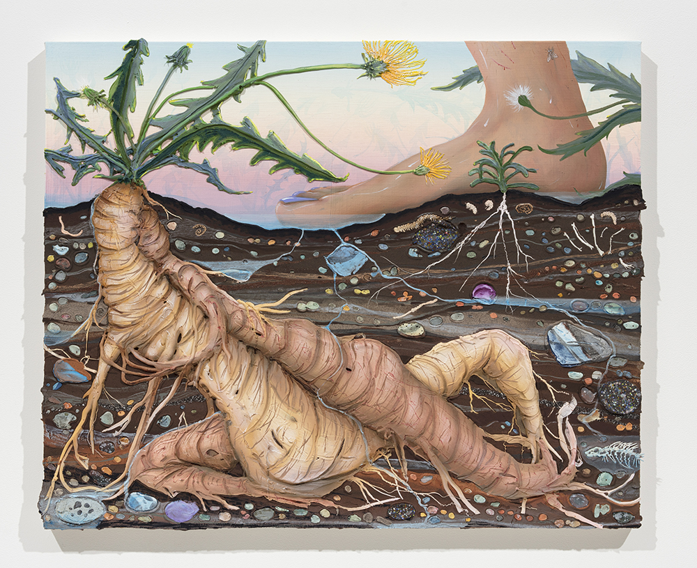 Kate Klingbeil. <em>Grown Together</em>, 2020. Acrylic, pigment, watercolor, vinyl paint, pumice, sand, crushed garnet and oil stick on canvas, 28 1/4 x 34 1/2 x 2 inches (71.8 x 87.6 x 5.1 cm)