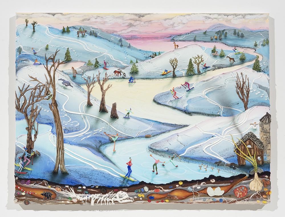 Kate Klingbeil. <em>Milk Run</em>, 2020. Acrylic, vinyl, pumice, sand, crushed garnet, watercolor and oil stick on canvas, 30 1/4 x 40 1/4 x 1 1/2 inches (76.8 x 102.2 x 3.8 cm)